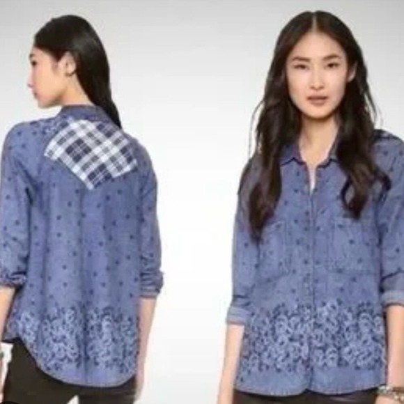 Free People Dottie Over You Button Up Shirt SZ XS Floral Plaid Western Boho - Picture 2 of 11